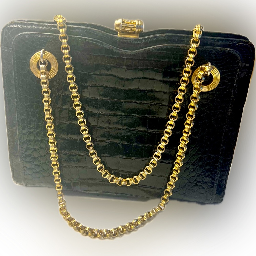 Mark Cross Alligator Vintage Handbag W/ Elegant Gold Chain Shoulder Strap - Picture 2 of 16